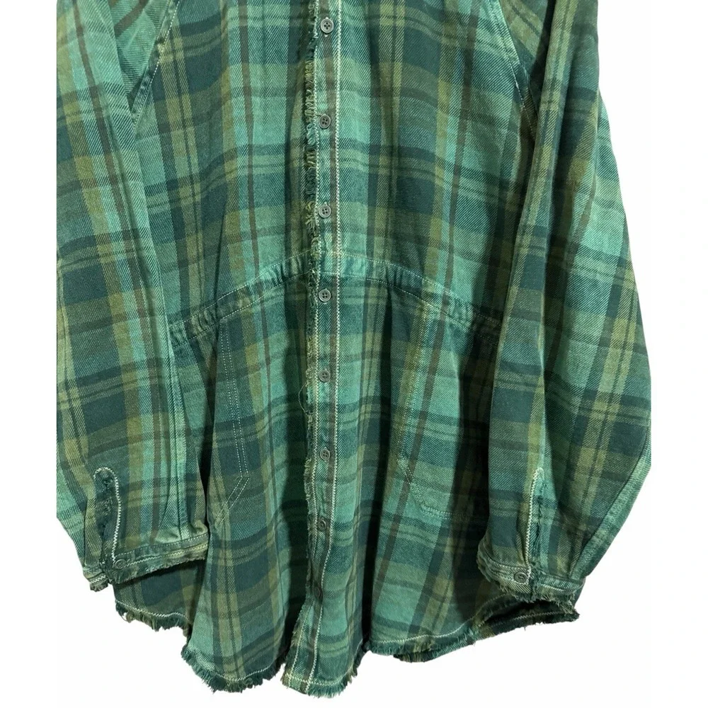 Free People‎ We The Free Summer Daydream Plaid Button Down Green Balsam Size L